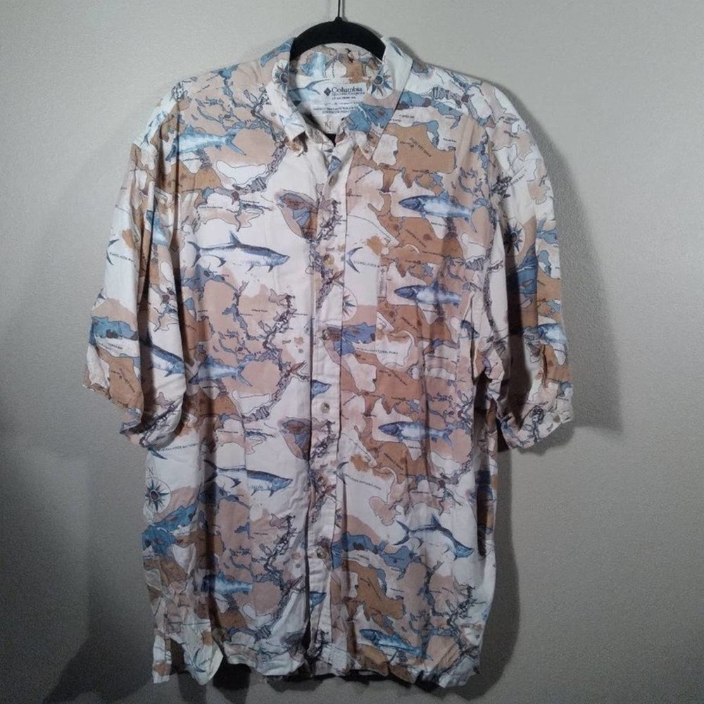 🦋 Columbia Sportswear Map Fish Button Down Shirt Large
